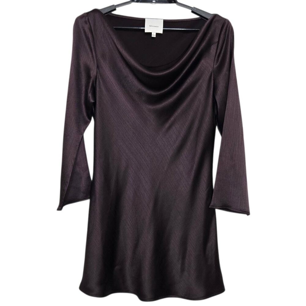 Reformation Pike Satin Dress Size Large Brown Bell Sleeve Mini
